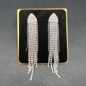 Rhinestone Fringe Earrings Silver Tone Crystal Long Elegant Wedding Prom Gala
